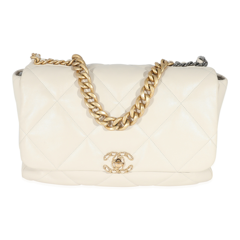 Chanel Ivory Shiny Quilted Lambskin Maxi Chanel 19 Flap Bag